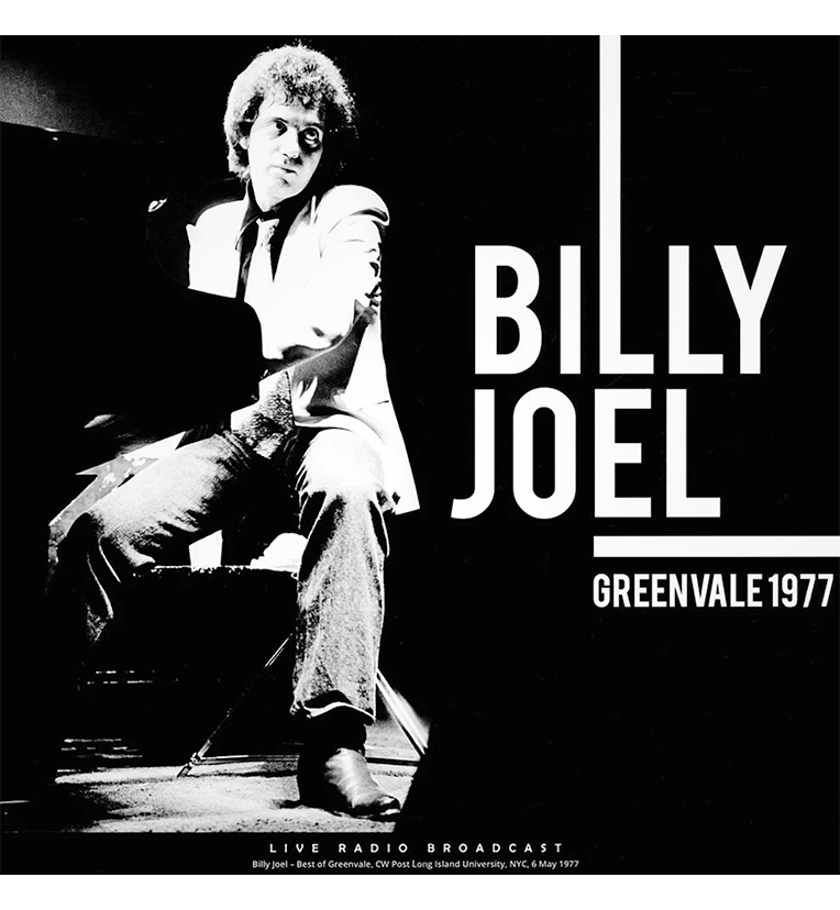 A black record sleeve. Featured is a stylised black and white image of Billy Joel at a piano, with the bold white text 'Billy Joel Greenvale 1977'
