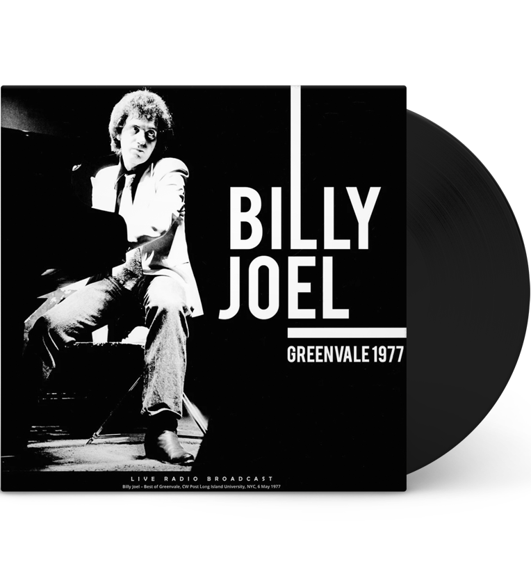 A black vinyl record in a black record sleeve. Featured is a stylised black and white image of Billy Joel at a piano, with the bold white text 'Billy Joel Greenvale 1977'