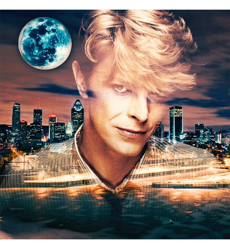 Front cover of the vinyl record ‘David Bowie – Serious Moonlight Tour 1983.’ The cover shows a stylised portrait of David Bowie with his iconic blonde hairstyle, set against a vibrant cityscape at dusk with a large, luminous moon in the sky. The overall design reflects a dynamic and surreal aesthetic, capturing the essence of Bowie’s theatrical and bold style.