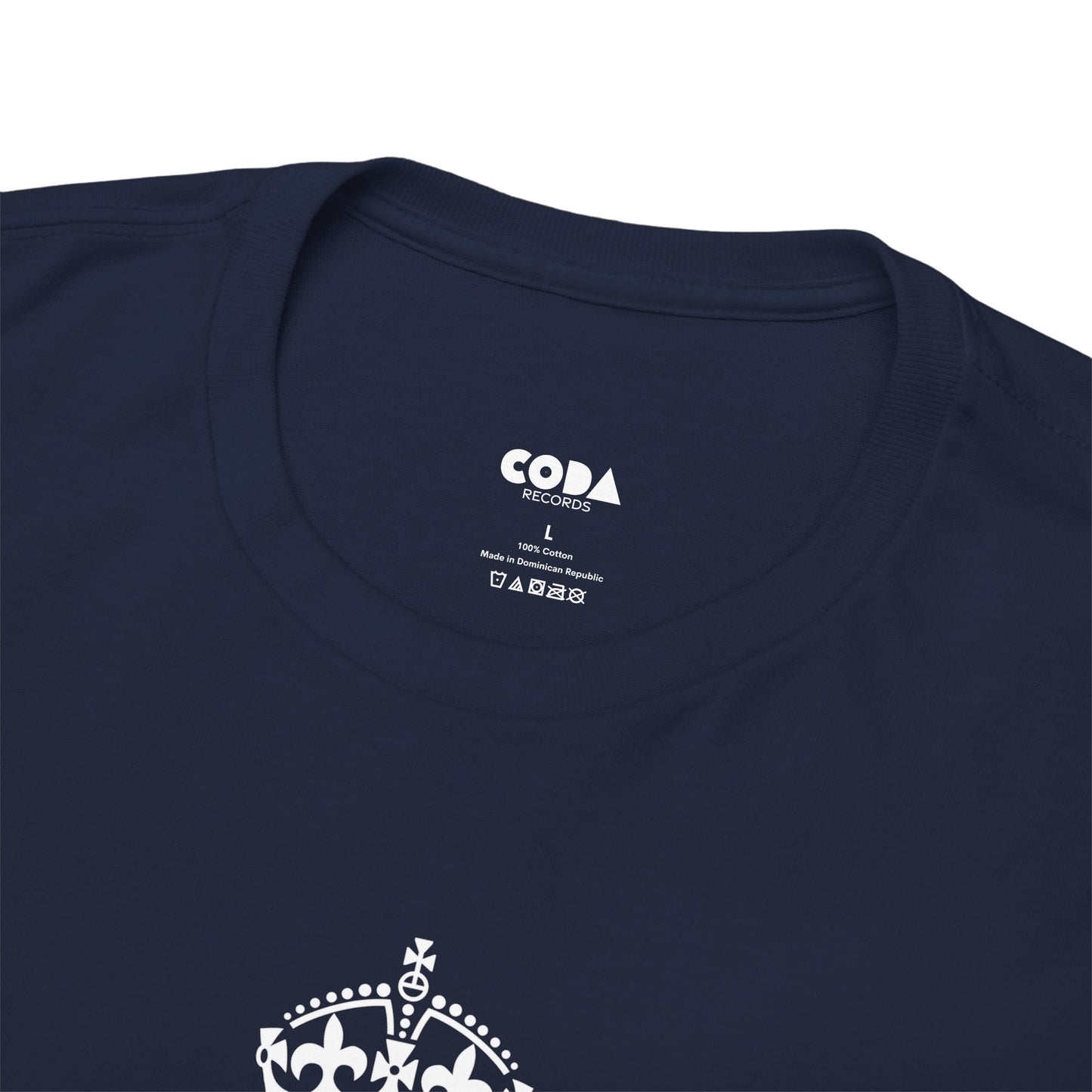Navy blue t-shirt with 'Coda Records' logo and design on a white background