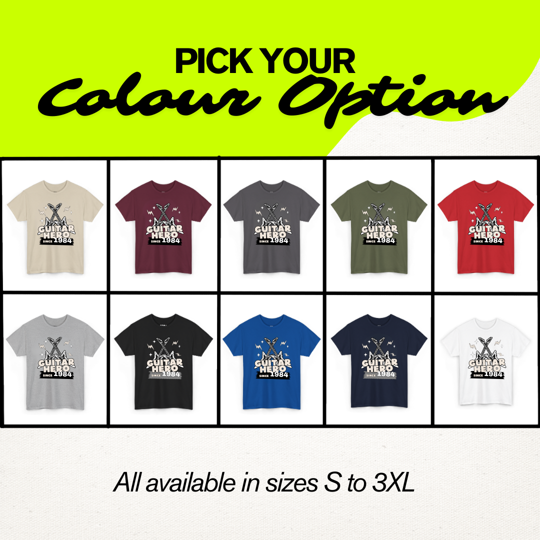 Collection of t-shirts in various colors with text, promotional text 'Pick Your Colour Option', and size availability information.