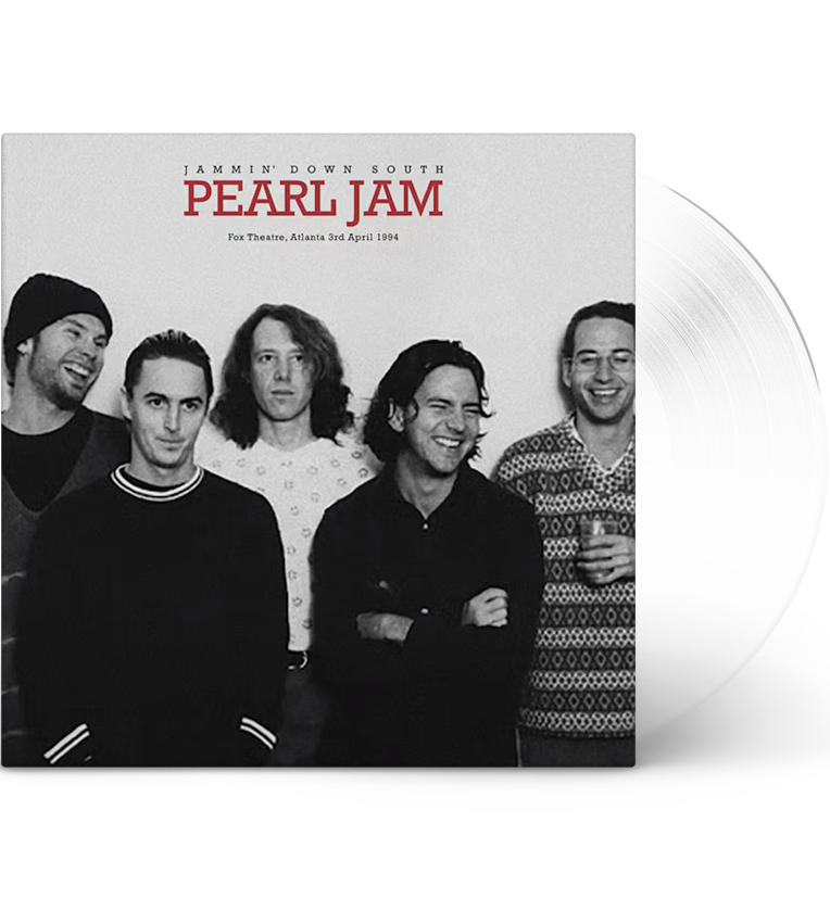 Vinyl record front cover for 'Pearl Jam Jammin’ Down South.' The cover features a black-and-white photo of the band members standing together, smiling and looking relaxed. The title 'Pearl Jam' is prominently displayed in red letters at the top, with 'Jammin’ Down South' and 'Fox Theatre, Atlanta 3rd April 1994' written below it. The vinyl itself is clear, adding a unique visual element.