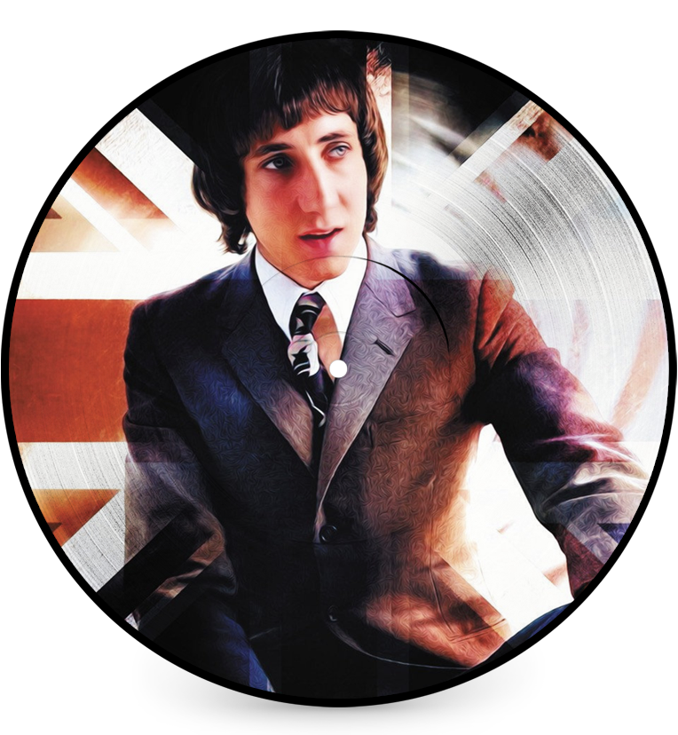 A mockup image of the picture disc ‘The Who – Live On Air 1965–1966’. The record features a stylised portrait of Peter Townshend in a suit, with medium-length brown hair. The background includes the Union Jack flag, with Townshend’s image overlaying it. The disc itself has a glossy finish, with grooves visible around the edges, indicating it’s a playable vinyl record.