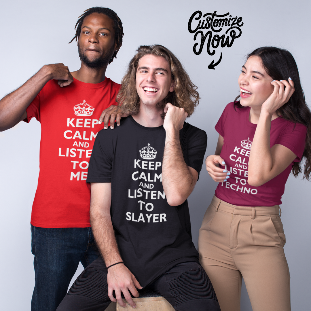 Three people wearing t-shirts with humorous text designs, with 'Customize Now' options.