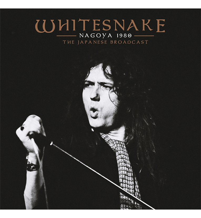 Vinyl record front cover for ‘Whitesnake Nagoya 1980.’ The cover features a black-and-white photo of the band’s lead singer, David Coverdale, passionately performing with a microphone. The title ‘Whitesnake’ is displayed at the top in stylized lettering, with ‘Nagoya 1980’ and ‘The Japanese Broadcast’ written below it.