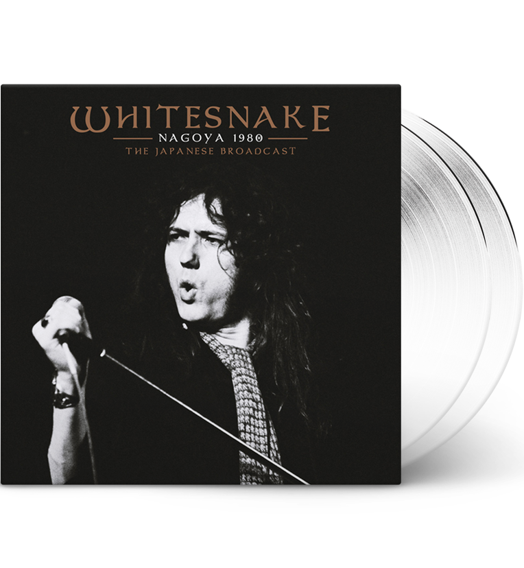 Vinyl record front cover for ‘Whitesnake Nagoya 1980.’ The cover features a black-and-white photo of the band’s lead singer, David Coverdale, passionately performing with a microphone. The title ‘Whitesnake’ is displayed at the top in stylized lettering, with ‘Nagoya 1980’ and ‘The Japanese Broadcast’ written below it. The vinyl itself is a clear white colour, adding a unique visual element.