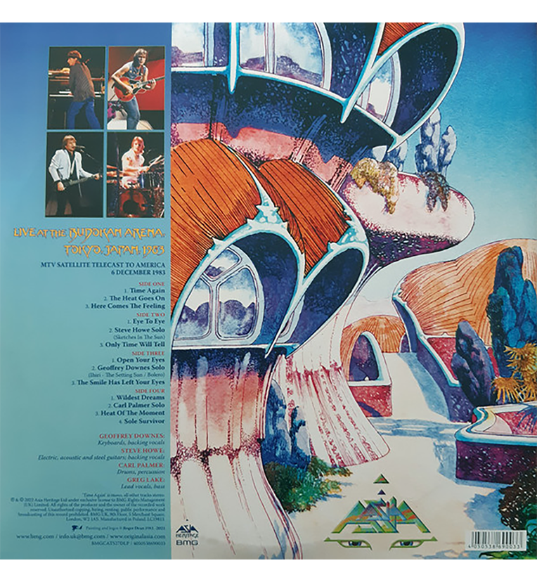 Vinyl record back cover for ‘Asia Live at the Budokan Tokyo 1983.’ The cover features futuristic and colorful artwork with architectural elements. It includes a tracklist with four sides, band member photos and additional details about the live performance.