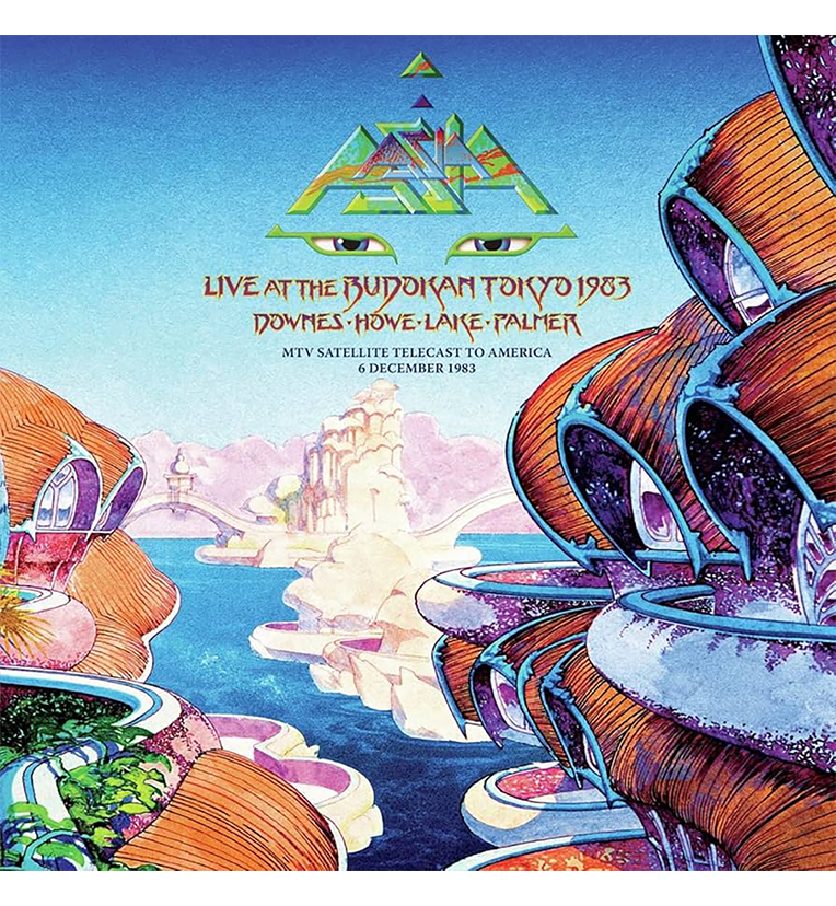 Vinyl record front cover for 'Asia Live at the Budokan Tokyo 1983.' The cover features vibrant, fantastical artwork with futuristic architecture and landscapes. The title text highlights the band's name, Asia, and mentions the live performance date and location.