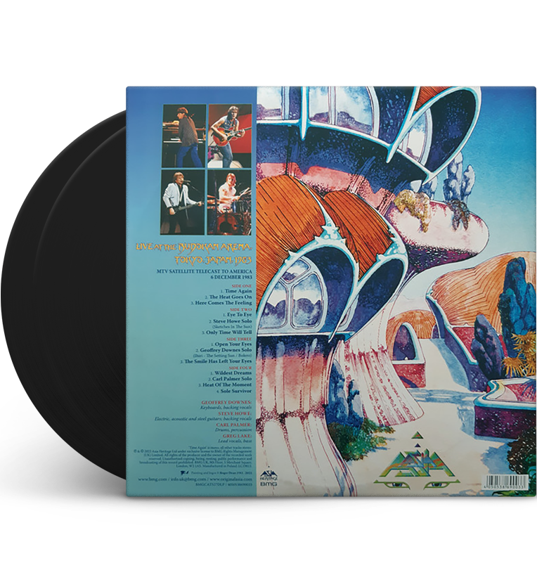 Vinyl record back cover for ‘Asia Live at the Budokan Tokyo 1983.’ The cover features futuristic and colorful artwork with architectural elements. It includes a tracklist with four sides, band member photos and additional details about the live performance.