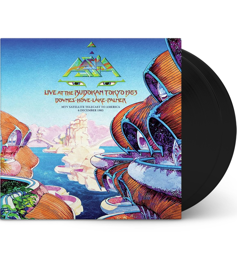 Vinyl record front cover for 'Asia Live at the Budokan Tokyo 1983.' The cover features vibrant, fantastical artwork with futuristic architecture and landscapes. The title text highlights the band's name, Asia, and mentions the live performance date and location.