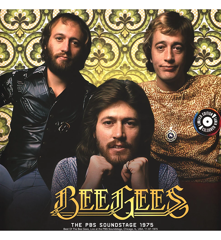 A gold vinyl record with a sleeve featuring a photo of the Bee Gees against a retro gold patterned backdrop and stylised text of 'Bee Gees' at the bottom. The sleeve features a 'limited edition coloured vinyl' sticker.