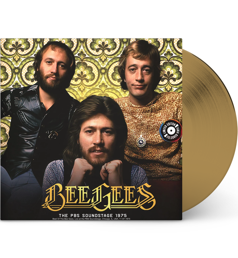 A gold vinyl record with a sleeve featuring a photo of the Bee Gees against a retro gold patterned backdrop and stylised text of 'Bee Gees' at the bottom. The sleeve features a 'limited edition coloured vinyl' sticker.