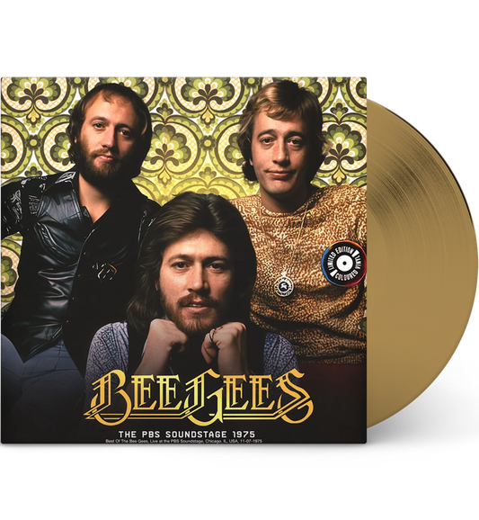 A gold vinyl record with a sleeve featuring a photo of the Bee Gees against a retro gold patterned backdrop and stylised text of 'Bee Gees' at the bottom. The sleeve features a 'limited edition coloured vinyl' sticker.