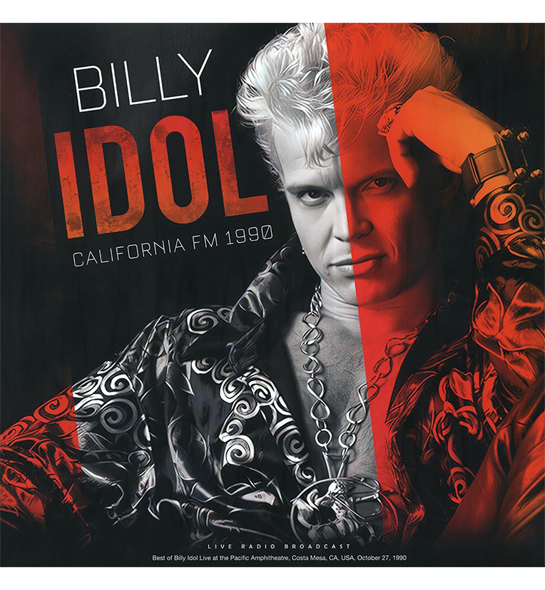 A black vinyl record in a sleeve featuring a stylised black and white image of Billy Idol looking into the camera. The black and white image is overlaid with red flashes.