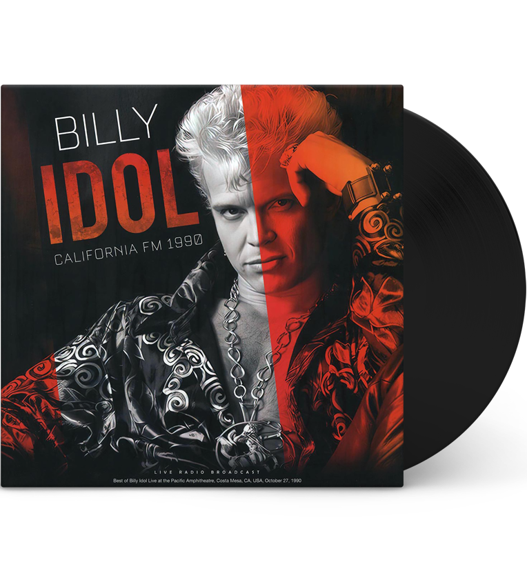 A black vinyl record in a sleeve featuring a stylised black and white image of Billy Idol looking into the camera. The black and white image is overlaid with red flashes.