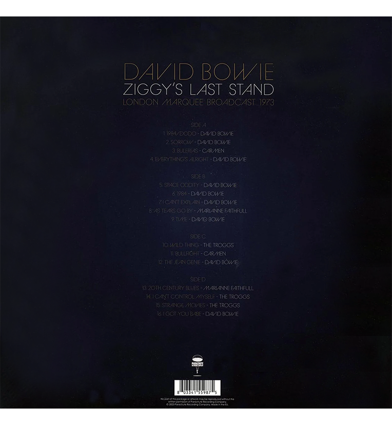 Vinyl record back cover for ‘David Bowie Ziggy’s Last Stand.’ The cover features a dark background with the tracklist divided into four sides. The title ‘David Bowie Ziggy’s Last Stand’ and ‘London Marquee Broadcast 1973’ are written at the top.