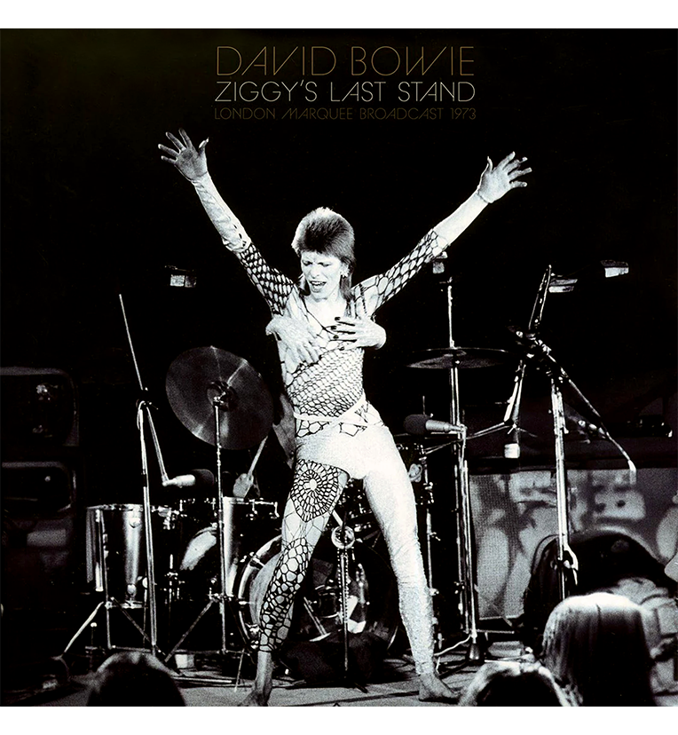 Vinyl record front cover for 'David Bowie Ziggy's Last Stand.' The cover features a black-and-white photo of David Bowie performing as Ziggy Stardust, striking a dramatic pose on stage with his arms outstretched. The text at the top reads 'David Bowie Ziggy's Last Stand' and 'London Marquee Broadcast 1973.'