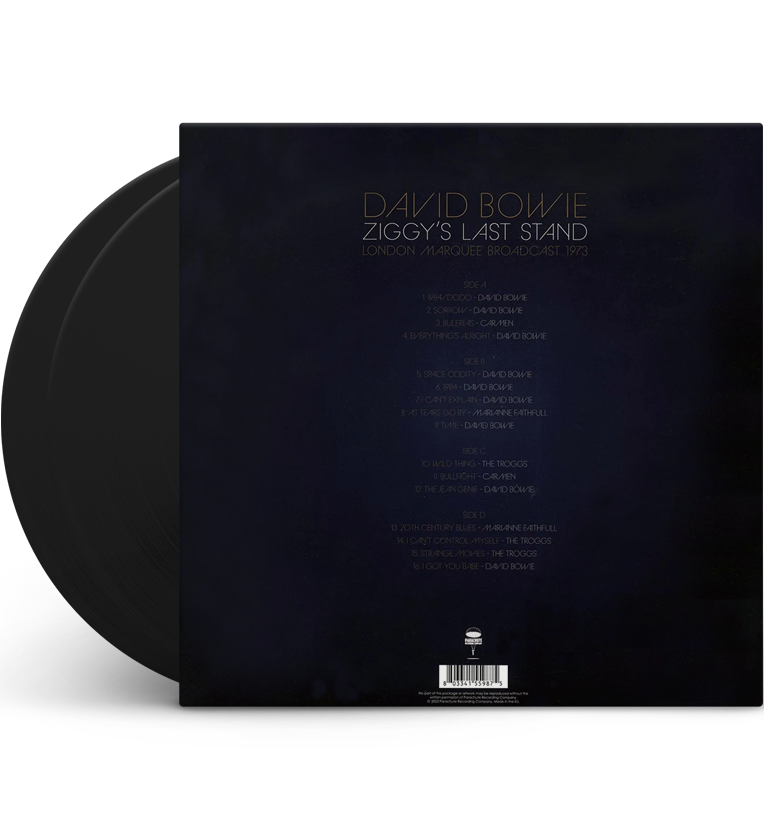 Vinyl record back cover for ‘David Bowie Ziggy’s Last Stand.’ The cover features a dark background with the tracklist divided into four sides. The title ‘David Bowie Ziggy’s Last Stand’ and ‘London Marquee Broadcast 1973’ are written at the top.