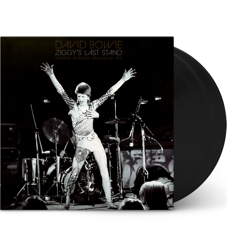 Vinyl record front cover for 'David Bowie Ziggy's Last Stand.' The cover features a black-and-white photo of David Bowie performing as Ziggy Stardust, striking a dramatic pose on stage with his arms outstretched. The text at the top reads 'David Bowie Ziggy's Last Stand' and 'London Marquee Broadcast 1973.' The double LP vinyl records are visible, adding to the collector's appeal.