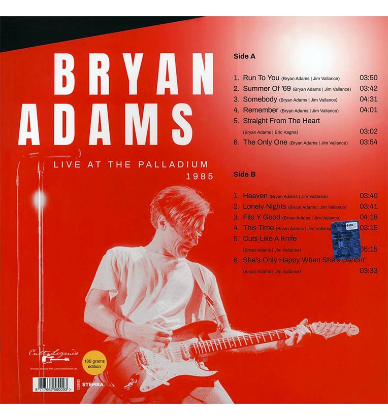 Vinyl record back cover for 'Bryan Adams Live at the Palladium 1985.' The cover features a red-tinted photo of Bryan Adams playing an electric guitar. The text includes the tracklist for Side A: 'Run To You,' 'Summer of '69,' 'Somebody,' 'Remember,' 'Straight From The Heart,' and 'The Only One,' and Side B: 'Heaven,' 'Lonely Nights,' 'Fits Ya Good,' 'This Time,' 'Cuts Like A Knife,' and 'She's Only Happy When She's Dancin'.