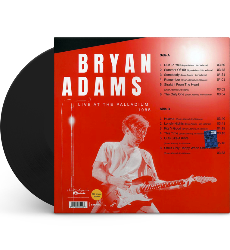 Vinyl record back cover for 'Bryan Adams Live at the Palladium 1985.' The cover features a red-tinted photo of Bryan Adams playing an electric guitar. The text includes the tracklist for Side A: 'Run To You,' 'Summer of '69,' 'Somebody,' 'Remember,' 'Straight From The Heart,' and 'The Only One,' and Side B: 'Heaven,' 'Lonely Nights,' 'Fits Ya Good,' 'This Time,' 'Cuts Like A Knife,' and 'She's Only Happy When She's Dancin'.