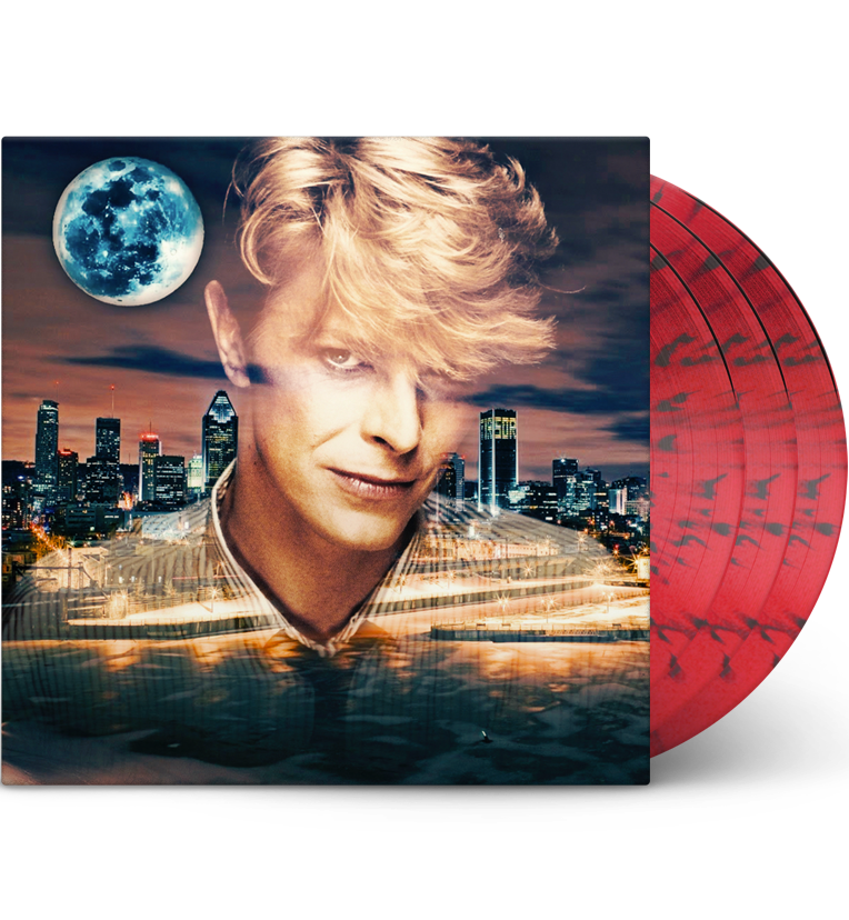 A mockup image of the vinyl record ‘David Bowie – Serious Moonlight Tour 1983.’ The cover shows a stylised portrait of David Bowie with his iconic blonde hairstyle, set against a vibrant cityscape at dusk with a large, luminous moon in the sky. The discs are red with black splatter patterns, partially visible on the right side of the image. The overall design reflects a dynamic and surreal aesthetic, capturing the essence of Bowie’s theatrical and bold style.