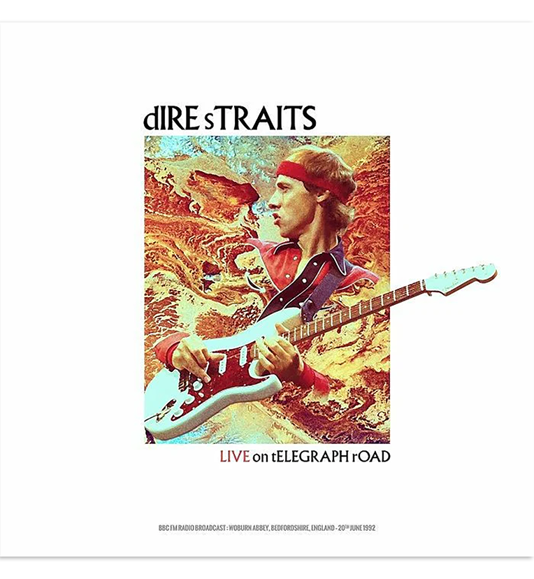 Dire Straits ‘Live on Telegraph Road’ vinyl record front cover. The album cover features an illustration of Mark Knopfler in a red jacket, set against a vibrant, abstract background with earthy tones. The text on the cover includes the album title and details: ‘BBC FM Radio Broadcast: Woburn Abbey, Bedfordshire, England - 20th June 1992.’