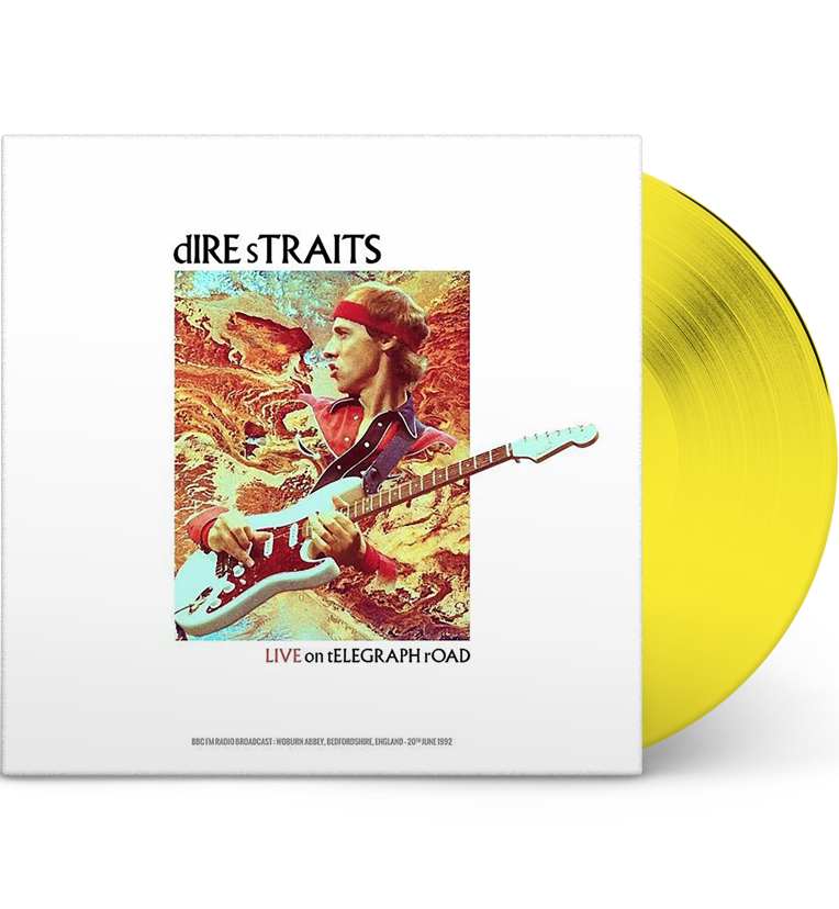 Dire Straits ‘Live on Telegraph Road’ vinyl record mockup. The album cover features an illustration of Mark Knopfler in a red jacket, set against a vibrant, abstract background with earthy tones. The text on the cover includes the album title and details: ‘BBC FM Radio Broadcast: Woburn Abbey, Bedfordshire, England - 20th June 1992.’ The vinyl is displayed in a bright yellow colour.