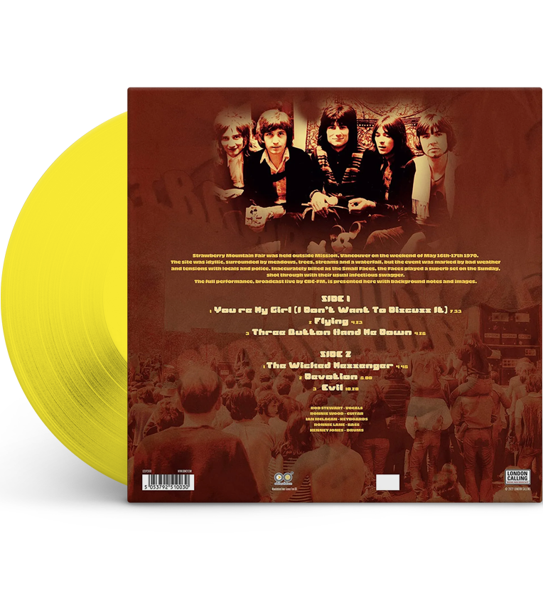 Back cover mockup of the vinyl record ‘The Faces Strawberry Mountain Fair Vancouver, 1973.’ The background features a sepia-toned image of a crowd and band members. The top portion displays a group photo of The Faces. The tracklist is centred, with Side 1 including ‘You’re My Girl (I Don’t Want To Discuss It),’ ‘Flying,’ and ‘Three Button Hand Me Down,’ and Side 2 including ‘The Wicked Messenger,’ ‘Devotion,’ and ‘Evil.’ The vinyl itself is yellow, visible partially on the left side.