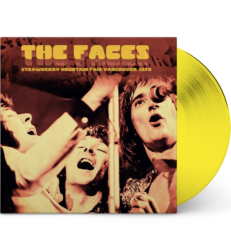 Vinyl record mockup for ‘The Faces Strawberry Mountain Fair Vancouver, 1973.’ The cover features a sepia-toned, vintage-style image of the band members passionately performing with microphones. The title ‘The Faces’ is displayed in bold yellow letters at the top, with ‘Strawberry Mountain Fair Vancouver, 1973’ written below it. The vinyl itself is a vibrant yellow colour, adding a unique visual element.