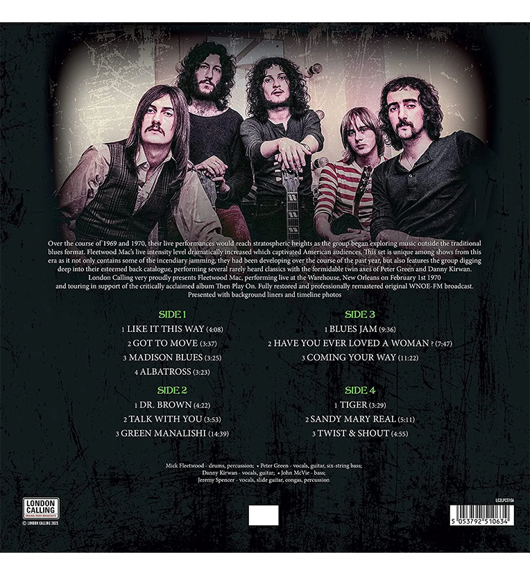 Fleetwood Mac ‘Live in New Orleans 1970’ vinyl record back cover. The back cover features a photo of the band members sitting together, along with track listings for sides 1, 2, 3, and 4.