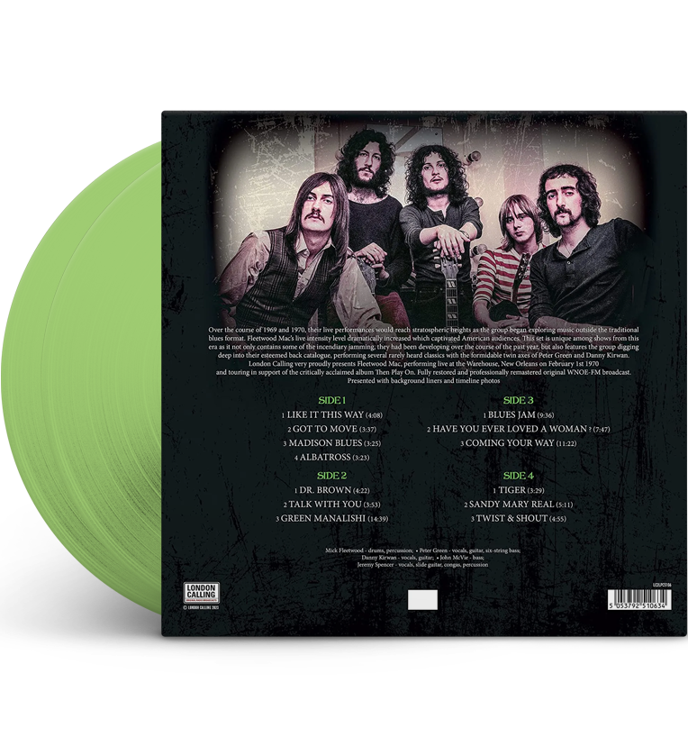 Fleetwood Mac ‘Live in New Orleans 1970’ green vinyl record back cover mockup. The back cover features a photo of the band members sitting together, along with track listings for sides 1, 2, 3, and 4. The background is dark with white text, and two green vinyl records are partially visible on the left side of the image.