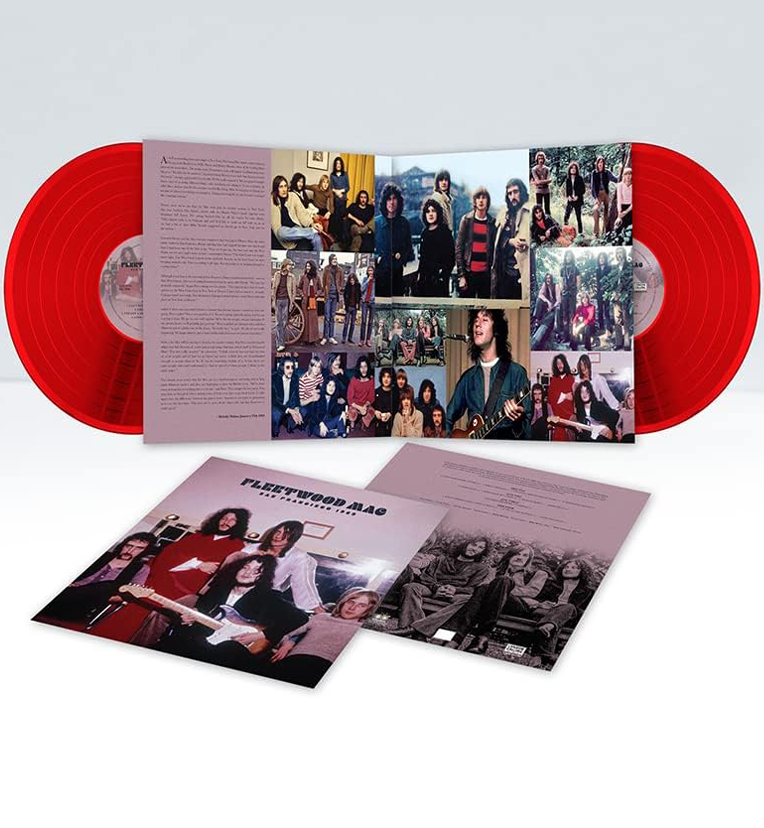 Exploded view of the Fleetwood Mac 'San Francisco 1969' red vinyl record set. The gatefold interior features multiple color photos of the band members in various settings, along with detailed text on the left side. Two red vinyl records are visible, partially inserted into the gatefold sleeves. An additional insert displays more photos and text, further detailing the album content. The overall presentation provides a nostalgic and vibrant look at Fleetwood Mac during the 1969 era.