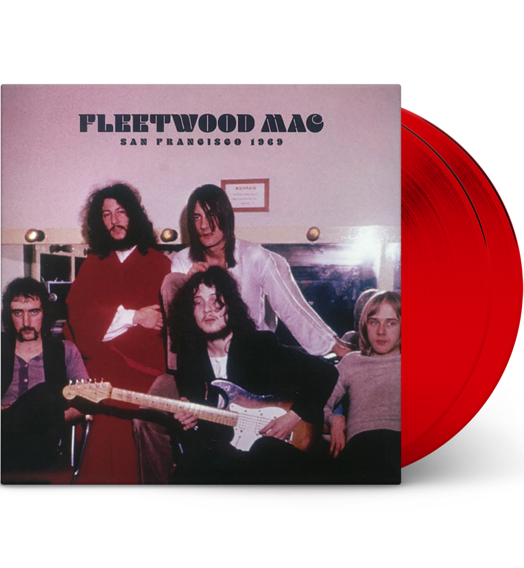 Fleetwood Mac 'San Francisco 1969' red vinyl record mockup. The album cover features a colour photo of the band members in a backstage setting, with the album title displayed at the top. Two bright red vinyl records are partially visible, positioned to the right of the cover.