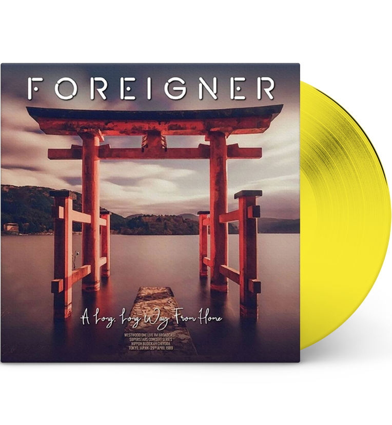 Foreigner ‘A Long Long Way From Home’ vinyl record mockup. The album cover features a serene landscape with a red Torii gate overlooking a calm body of water and distant mountains under a cloudy sky. The text on the cover includes the album title and details: ‘Westwood One Live FM Broadcasts, Superstar Concert Series, Nippon Budokan, Tokyo, Japan, 29th April 1989.’ The vinyl is displayed in a vibrant yellow colour.