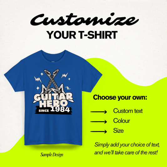 Blue t-shirt with 'Guitar Hero Since 1984' design with customization options.