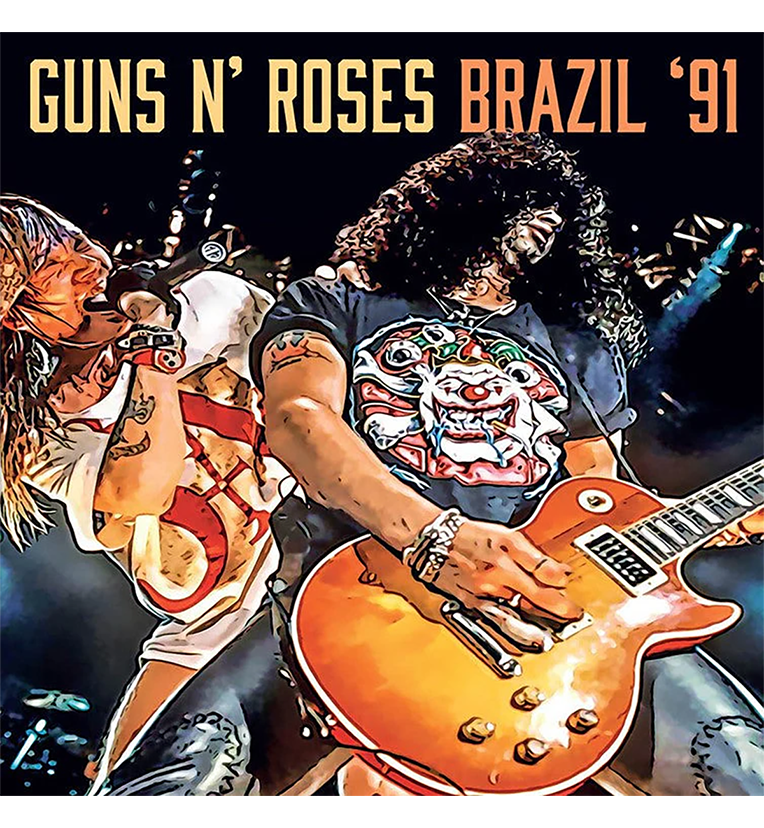 Vinyl record front cover for 'Guns N' Roses Brazil '91.' The cover features vibrant artwork of Axl Rose and Slash performing live, with Axl singing into a microphone and Slash playing his electric guitar. The title 'Guns N' Roses Brazil '91' is prominently displayed at the top.