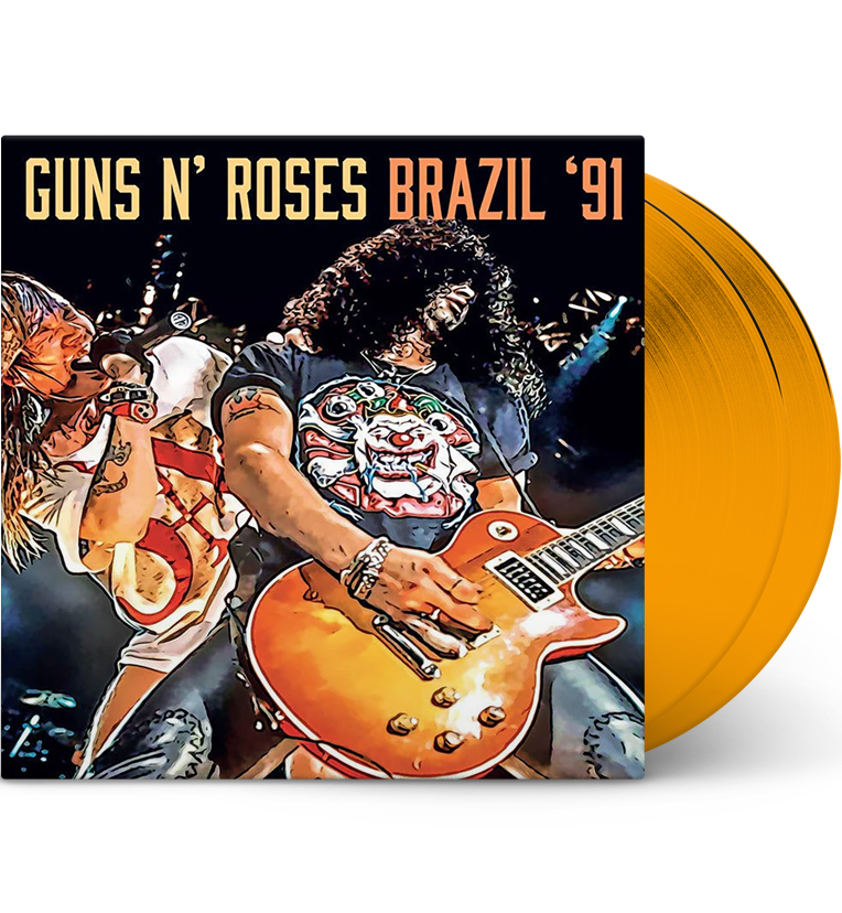 Vinyl record front cover for 'Guns N' Roses Brazil '91.' The cover features vibrant artwork of Axl Rose and Slash performing live, with Axl singing into a microphone and Slash playing his electric guitar. The title 'Guns N' Roses Brazil '91' is prominently displayed at the top. The vinyl itself is a bright orange colour, adding a distinctive and eye-catching element.