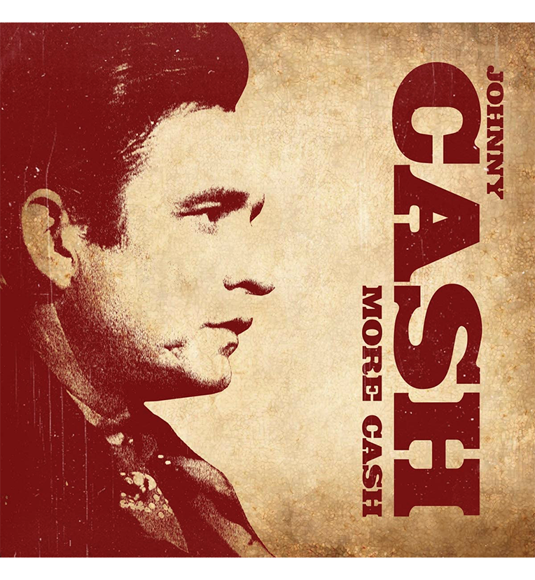 Vinyl record front cover for 'Johnny Cash More Cash.' The cover features a sepia-toned, vintage-style image of Johnny Cash's profile on the left side, with the background blending into a textured beige color. The title 'Johnny Cash More Cash' is displayed in bold red letters on the right side, oriented vertically.