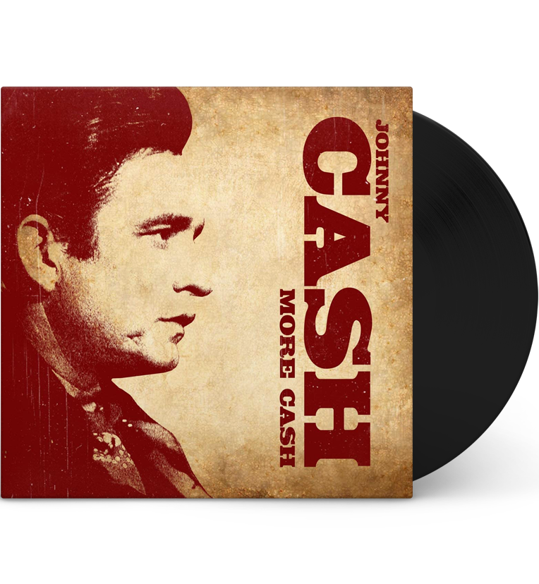 Vinyl record front cover for 'Johnny Cash More Cash.' The cover features a sepia-toned, vintage-style image of Johnny Cash's profile on the left side, with the background blending into a textured beige color. The title 'Johnny Cash More Cash' is displayed in bold red letters on the right side, oriented vertically. The vinyl itself is black, adding a classic touch.