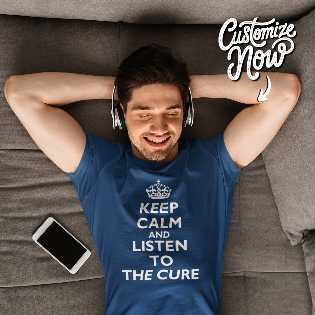 Man listening to headphones wearing customisable 'Keep Calm and Listen to' T-shirt in Navy Blue