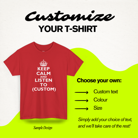 Red t-shirt with customizable text on a white background
