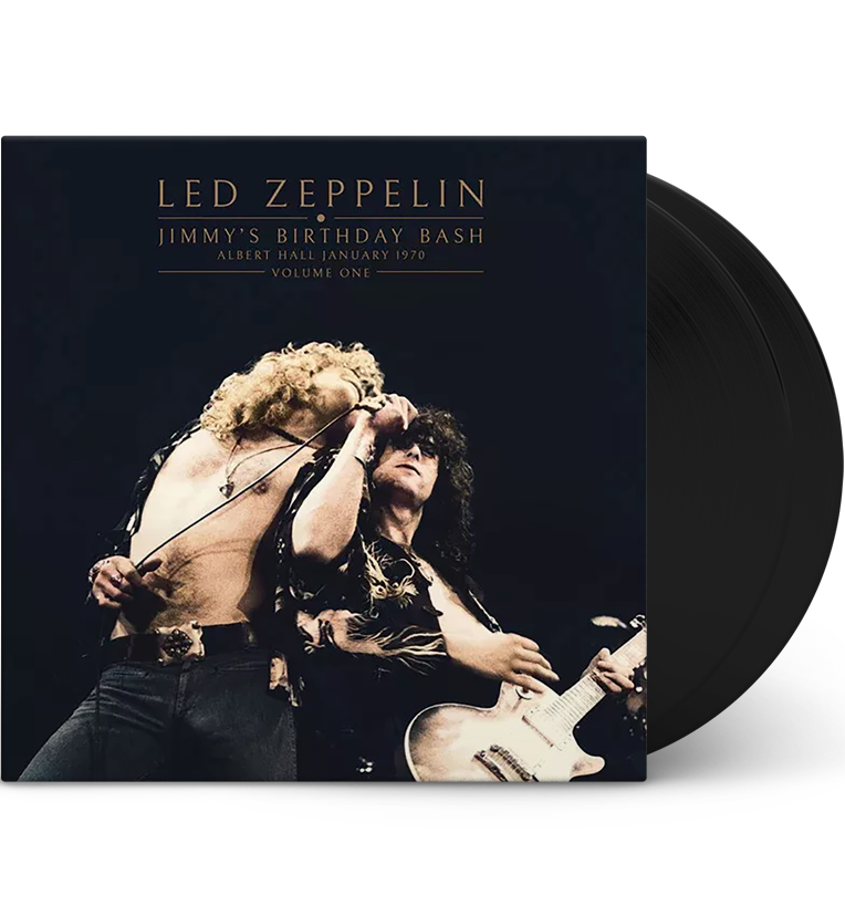 Vinyl record front cover for 'Led Zeppelin Jimmy's Birthday Bash Volume One.' The cover features a dynamic photo of Robert Plant and Jimmy Page performing live on stage, with Plant singing into a microphone and Page playing the guitar. The background is dark, highlighting the performers under the stage lights. The title 'Led Zeppelin' is displayed at the top in gold lettering, along with 'Jimmy's Birthday Bash,' 'Albert Hall January 1970,' and 'Volume One.'