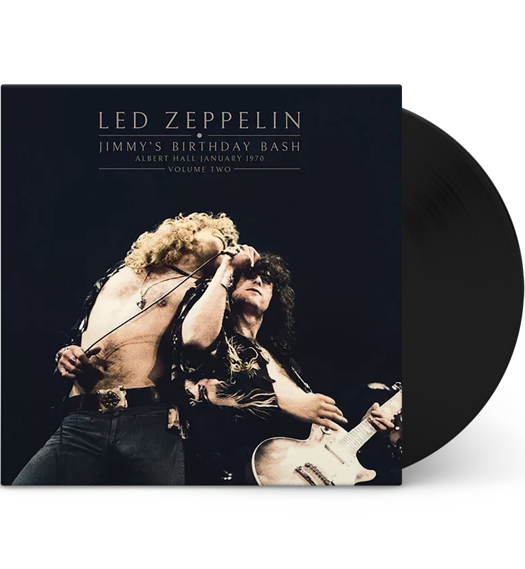 Vinyl record front cover for 'Led Zeppelin Jimmy's Birthday Bash Volume Two.' The cover features a dynamic photo of Robert Plant and Jimmy Page performing live on stage, with Plant singing into a microphone and Page playing the guitar. The background is dark, highlighting the performers under the stage lights. The title 'Led Zeppelin' is displayed at the top in gold lettering, along with 'Jimmy's Birthday Bash,' 'Albert Hall January 1970,' and 'Volume Two.