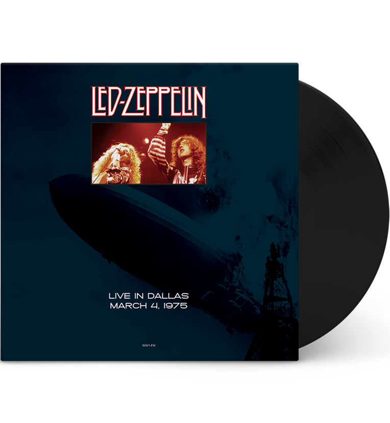 Vinyl record front cover for 'Led Zeppelin Live in Dallas, March 4, 1975.' The cover features a dark background with a faded image of the Hindenburg disaster, reminiscent of the band's iconic debut album cover. At the top, there is a photo of Robert Plant and Jimmy Page performing live, with the title 'Led Zeppelin' in stylized red letters above it. The text 'Live in Dallas, March 4, 1975' is written below the image in white.