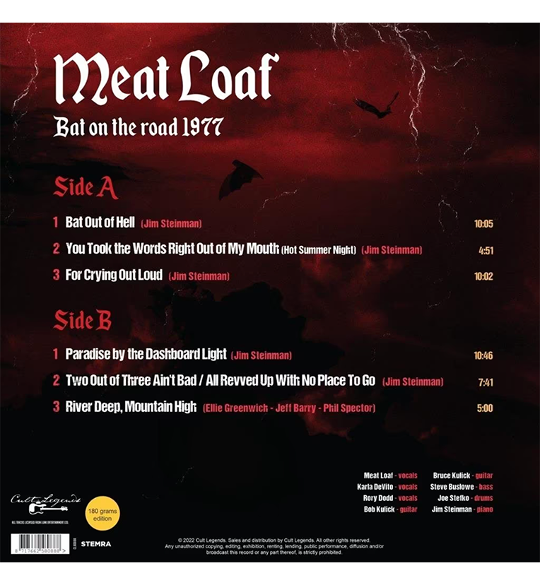 Vinyl record back cover for 'Meat Loaf Bat on the Road 1977.' The cover features a dark, stormy background with silhouettes of bats. The tracklist for Side A includes 'Bat Out of Hell,' 'You Took the Words Right Out of My Mouth (Hot Summer Night),' and 'For Crying Out Loud.' The tracklist for Side B includes 'Paradise by the Dashboard Light,' 'Two Out of Three Ain't Bad / All Revved Up With No Place To Go,' and 'River Deep, Mountain High.' The cover also notes it as a 180 grams edition.