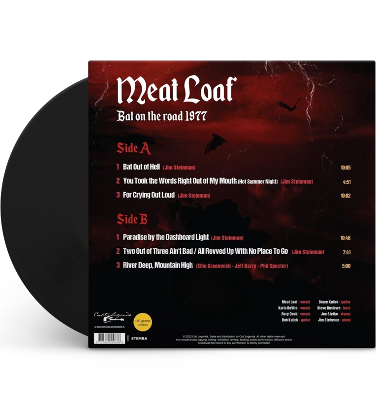 Vinyl record back cover for 'Meat Loaf Bat on the Road 1977.' The cover features a dark, stormy background with silhouettes of bats. The tracklist for Side A includes 'Bat Out of Hell,' 'You Took the Words Right Out of My Mouth (Hot Summer Night),' and 'For Crying Out Loud.' The tracklist for Side B includes 'Paradise by the Dashboard Light,' 'Two Out of Three Ain't Bad / All Revved Up With No Place To Go,' and 'River Deep, Mountain High.' The cover also notes it as a 180 grams edition.