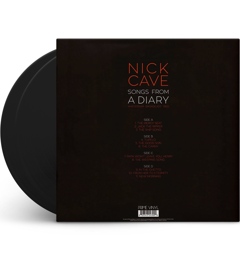 Vinyl record back cover for 'Nick Cave Songs from a Diary.' The cover features a dark background with the tracklist written in red and white text. The tracklist is divided into four sides. The title 'Nick Cave Songs from a Diary' and 'Amsterdam Broadcast 1992' are written at the top.