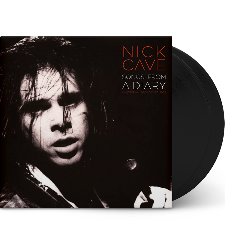 Vinyl record front cover for 'Nick Cave Songs from a Diary.' The cover features a black-and-white close-up photo of Nick Cave, with his hair falling over his face and a microphone visible. The title 'Nick Cave' is prominently displayed in red letters at the top right, along with 'Songs from a Diary' and 'Amsterdam Broadcast 1992' written below it. The double LP vinyl records are visible, adding to the collector's appeal.