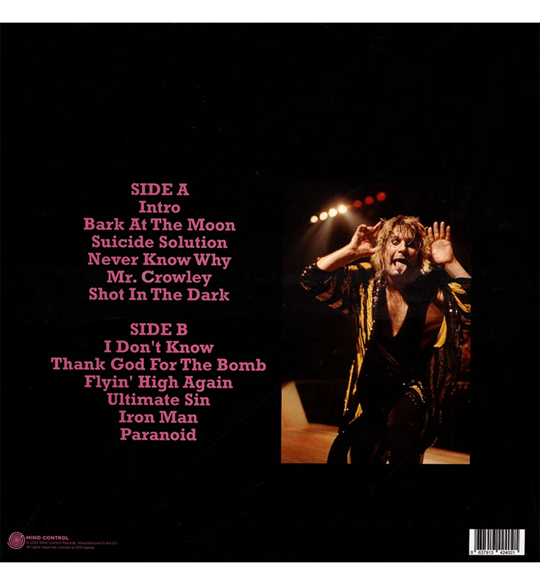 Vinyl record back cover for 'Ozzy Osbourne – A Nameless Grave.' The cover features the tracklist for Side A: 'Intro,' 'Bark At The Moon,' 'Suicide Solution,' 'Never Know Why,' 'Mr. Crowley,' and 'Shot In The Dark,' and Side B: 'I Don't Know,' 'Thank God For The Bomb,' 'Flyin' High Again,' 'Ultimate Sin,' 'Iron Man,' and 'Paranoid.' A live photo of Ozzy Osbourne is displayed on the right side, capturing his energetic stage presence. The background is black, with the text in pink.